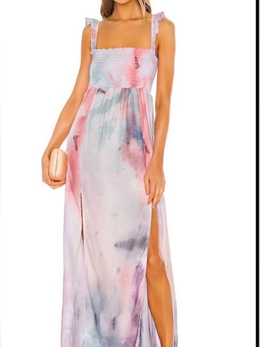 Agua Bendita Pastel Tie-Dye Smocked Maxi Dress in Pink & Blue